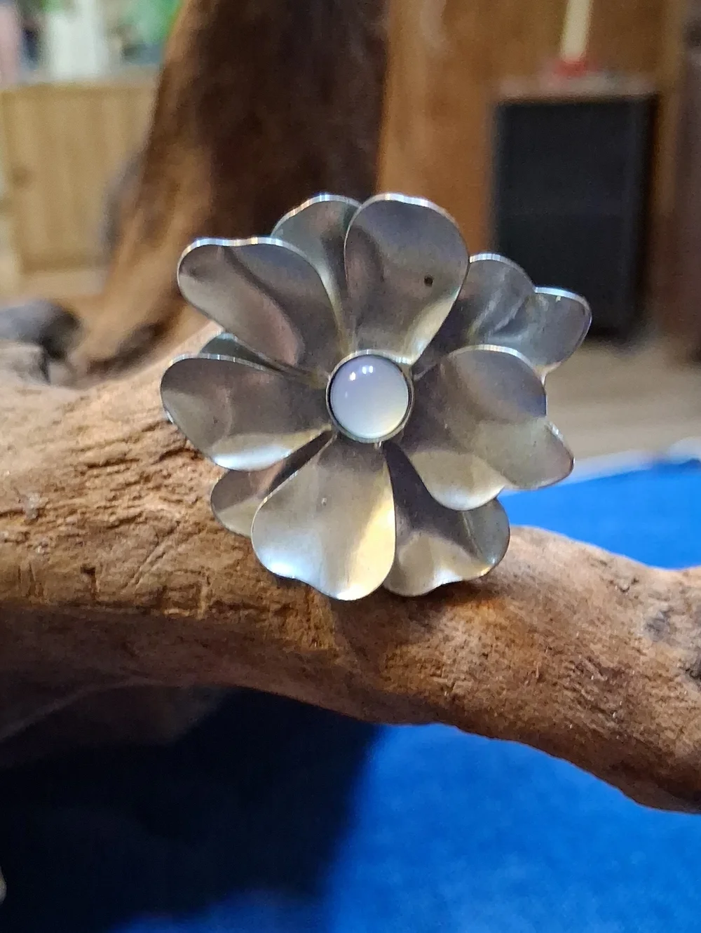 Silver Floral Statement Ring with Moonstone Center - Women Jewelry